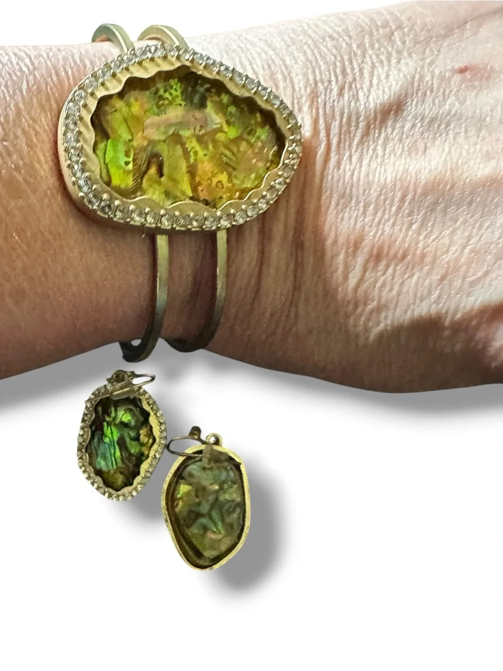 Hinged Cuff Bracelet with Matching Earrings Iridescent Abalone and Crystal